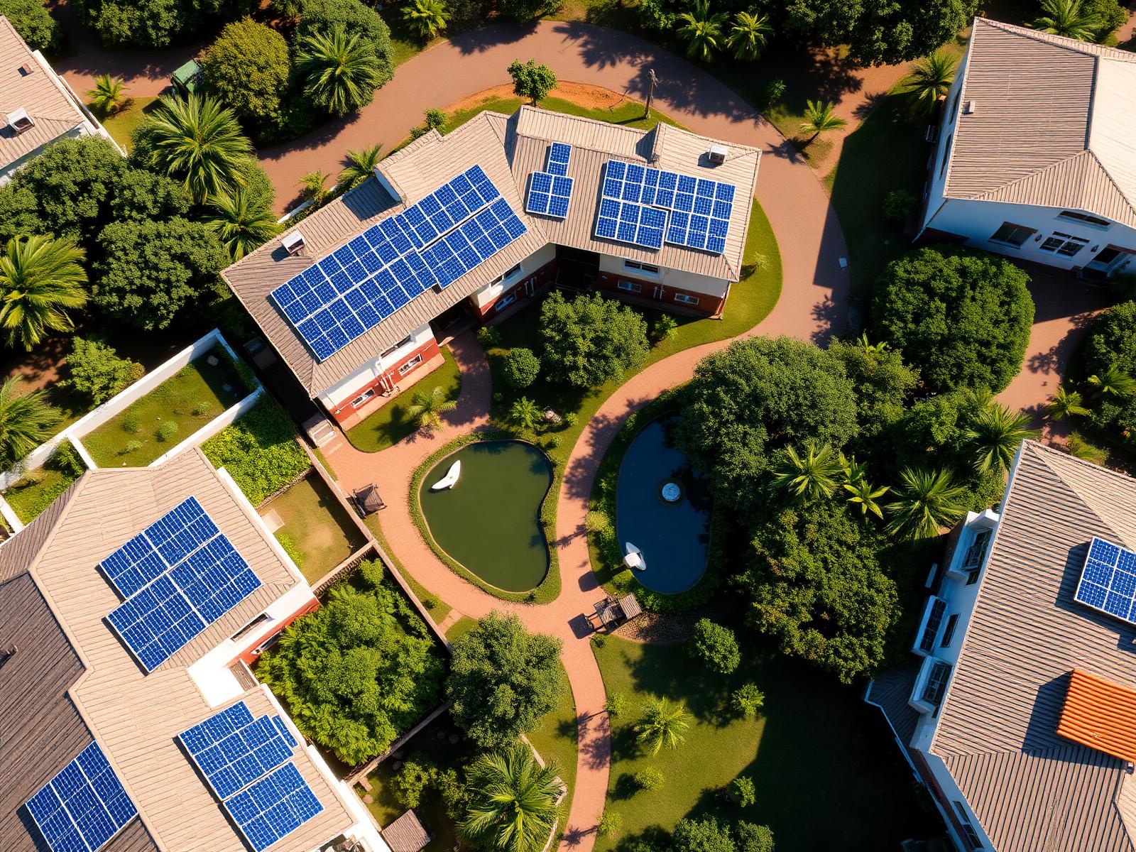 Aerial view of a Kenyan eco-development with solar rooftops and green courtyards